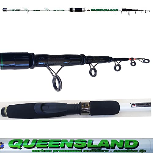 QUEENSLAND METRI 4 CANNA COSTRUITA IN CARBONIO AD ALTA RESISTENZA MOLTO POTENTE E BILANCIATA AZIONE PROGRESSIVA IN GRADO DI LANCIARE PIOMBI FINO A GRAMMI 100, E DI CONTRASTARE PESCI DI TAGLIA NOTEVOLE COME ORATE SARAGHI E SPIGOLE.