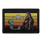 Alien & Bigfoot Shaking Hands | Hook and Loop Attach for Hats, Jeans, Vest, Coat | 2x3 in | by Pull Patch