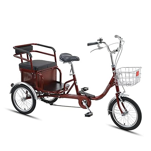 16 tum trehjuling för vuxna, 3 hjul + säte ryggstöd, vuxen Trike cykel cykelpedal komfort cyklar cykel för föräldrar att plocka upp och släppa av barn (färg: röd-A)
