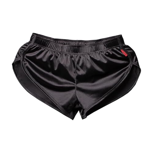 GENEMEN Herren Satin Boxershorts Aloe Pants Casual Shorts Seiden Unterwäsche Split Pyjamahose Running Sports Shorts (Schwarz, XL)