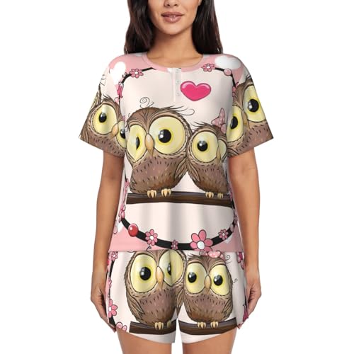 Ensemble pyjama femme col rond manches courtes court avec poches vêtement de nuit chouettes
