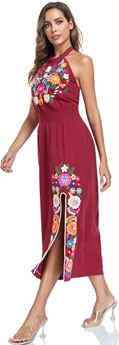 Image of Womens Mexican Floral Embroidered Halter Maxi Dress Side Slit Boho Dress | Sleeveless Halter Neck High Split, Fiesta Party Sundress, Elastic Smocked Waist, Cotton Summer Maxi Dress