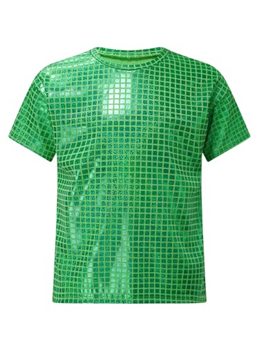 Jugaoge Kids Boys Girls Sparkly Sequin Dance Tops Round Neck Short Sleeve T-Shirts Stage Performance Dancewear Green 9-10 Years