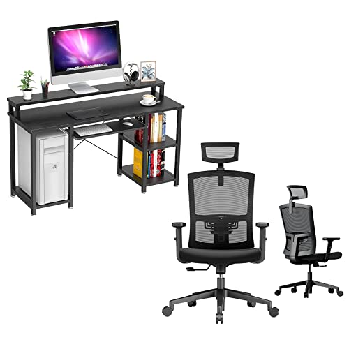 Noblewell Computer Desk With Monitor Stand Storage Shelves Keyboard Tray Office Chair Ergonomic Office Chair #TOP13