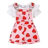 JENJON Baby Mädchen Sommer Outfits Rüschen Kurzarm Ripptop+ Blumen/Herzmuster Overalls Shorts Mit Tasche Süßes 2-Teiliges Kleidungsset Rosa Erdbeere 12-18 Monate