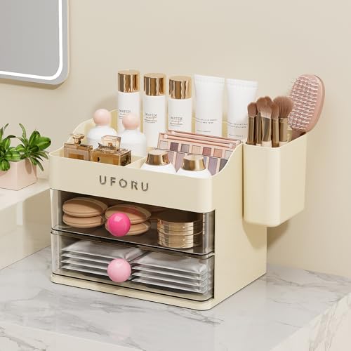 Image of UFORU Makeup Organizer for Vanity with Brush Holder, Countertop Skincare Organizer with 2 Drawers, Spacious Cosmetic Display Case for Perfumes, Eyeshadow Palettes, Nail Polishes