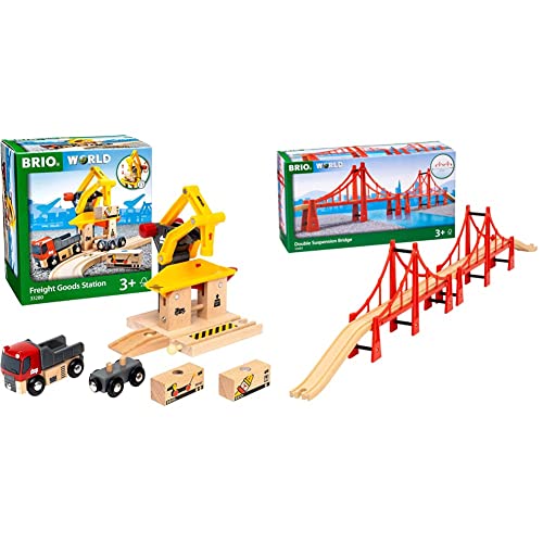 Image of BRIO World Freight Goods Station for Kids Age 3 Years Up - Compatible With All BRIO Railway Train Sets and Accessories & 33683 Double Suspension Train Bridge for Kids Age 3 Years Up