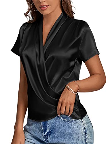 Lyaner Women's Satin Silk Wrap V Neck Draped Short Sleeve Elegant Office Blouse Top Black Medium #TOP4