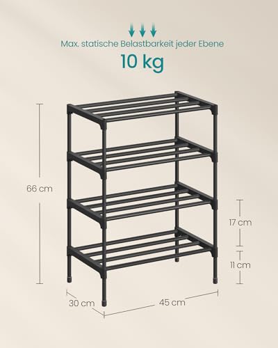SONGMICS Schuhregal, 4 Ebenen, Schuhablage schmal, Schuh-Organizer Metall, Flur, Wohnzimmer, Kleiderschrank, platzsparend, stapelbar, 30 x 45 x 66 cm, schwarz LSA114BH01