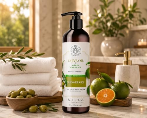 Sheida Olive Oil & Green Mandarin Shower Gel 16.9 fl oz (500ml) | Moisturizing Body Wash with Olive Oil & Green Mandarin Extract | Refreshing Daily Cleanser for Soft, Hydrated Skin | Pump Bottle image 5