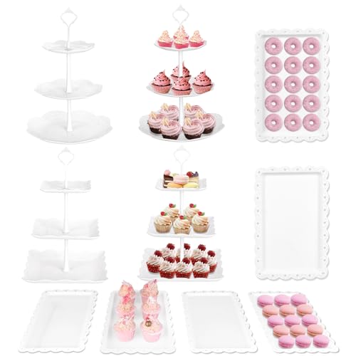 Mwellewm 10Pcs Cupcake Stand,Dessert Table Display Set, 4 White 3 Tired Cake Stand 6 Plastic Serving Trays for Party Cookie Rack Desert Tower Holder for Wedding Decor Baby Shower Tea Party Decorations by mwellewm - Used condition - US$22.07