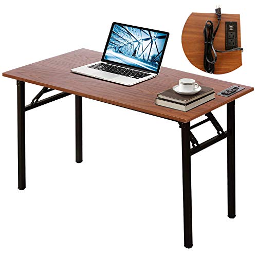 Folding Computer Desk 31.5'' No Assembly Small Writing Desk with Charging Plugs & USB Ports, Study Tables for Small Space, Home Office - Walnut