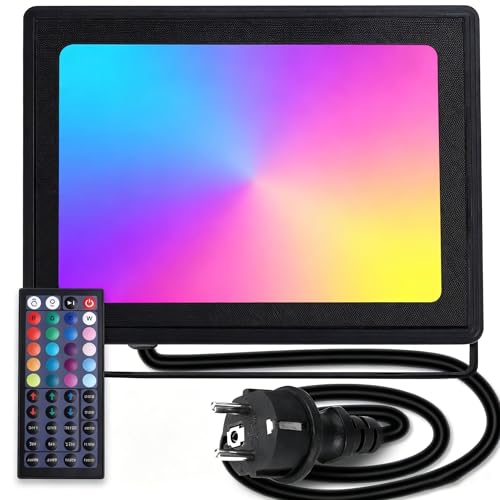 Aigostar - Foco projetor LED com tomada, 50 W, com comando remoto, RGB: iluminação colorida, 6 modos de funcionamento estroboscópico. Iluminação regulável, temporizador. Uso interior e exterior IP65