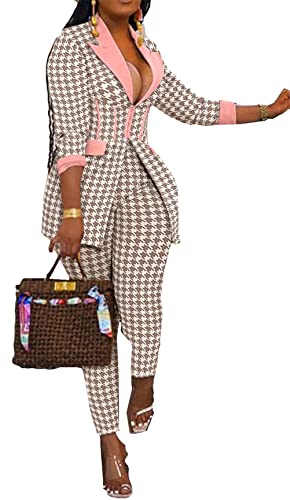 Womens Sexy 2 Pieces Solid Color Zipper Blazer Top Suit Pants Tracksuit Outfit Set Suits Pink #TOP1