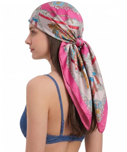 YOUR SMILE Silk Like Scarf Women's Fashion Pattern Large Square Satin Headscarf,Pink Carriage