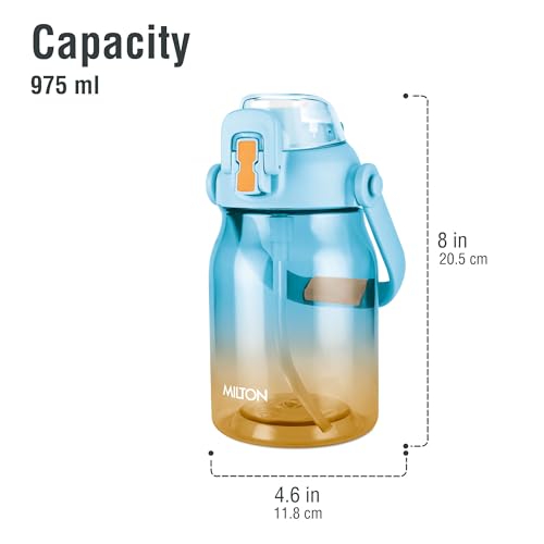 Image of MILTON Juwel 1000 Premium Crystal Clear Unbreakable Material Sipper Water Bottle|BPA Free|One-Touch Open|Leak-Proof|Sturdy Handle Cum Mobile Holder|Ideal for Office, School, Gym, 975ml, Turquoise Blue