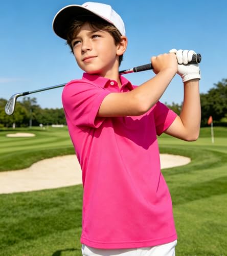 uideazone Boys Golf Shirts Neon Hot Pink Polo Shirt Fluorescent Bright Color Collared Tops Performance Dry Fit School Uniforms Size 13-14 — view 2