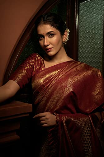 Image of Vardha Women's Kanchipuram Art Silk Saree with Unstitched Blouse Piece - Zari Woven Work Sarees for Wedding