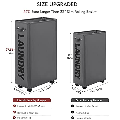 Lifesela X-Large Rolling Laundry Hamper, 27" Tall Slim Laundry Basket With Mesh Liner, Collapsible Dirty Clothes Hamper With Handle, Corner Laundry Bin Laundry Cart With Wheels (Grey) #TOP2