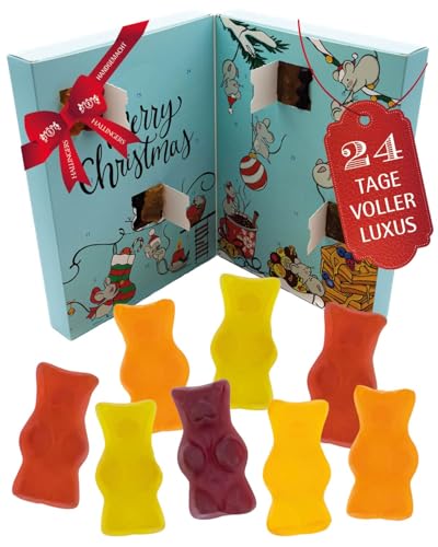 Hallingers Genuss Manufaktur Fruchtsaftbärchen Adventskalender – 24 fruchtige Sorten, Premium Fruchtgummi Bärchen - Extra Groß, handgemacht, Süßigkeiten Geschenk Kinder Familie Erwachsene Weihnachten