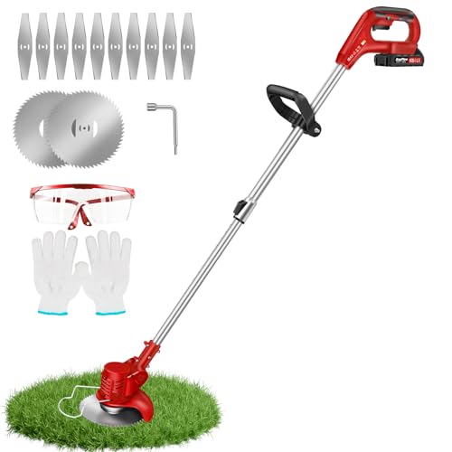 Strimmers Electric Cordless Grass Trimmer with Metal Blade Powerful Electric Garden Lawn Edger, 1.5Ah Battery & Fast Charger Included, Suitable for Garden Lawn, Red