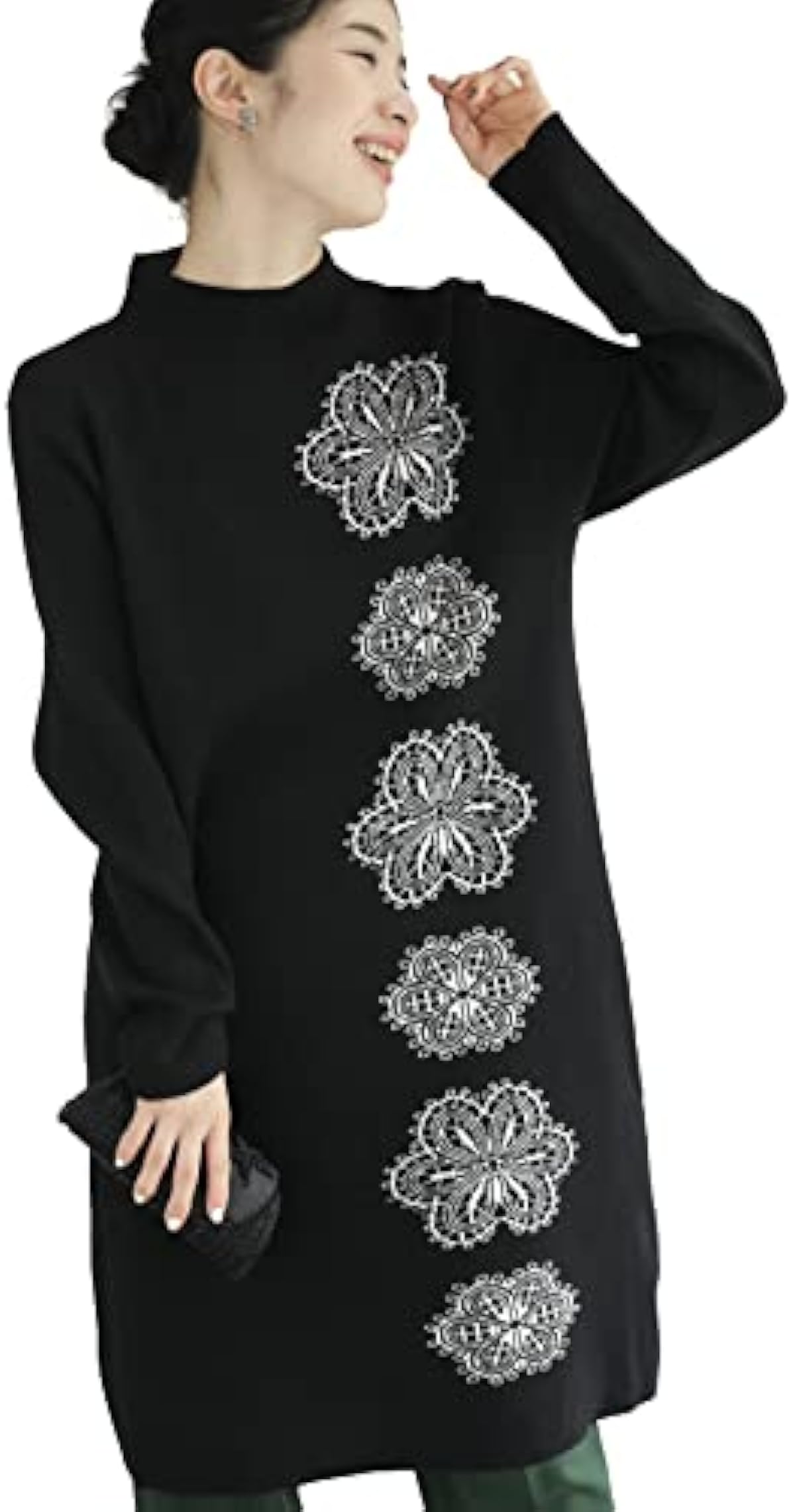 激安 楽天 フレンチパヴェ Cawaii レディース 連なる 六花 ニット ミディアムワンピース ニットワンピース ニットワンピ 膝丈 長袖 長そで ロング袖 ハイネック ストレッチ 伸びる 伸縮性 のびのび ブラック 黒色 花柄 フラワー Frenchpave 服 ファッション小物 通販