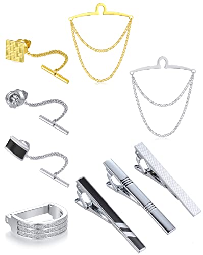 Tornito 9Pcs Tie Clips Tie Ring CZ Tie Tacks Clutch with Chain Necktie Tie Clips Link Chain for Wedding Business Anniversary Silver Black Gold Tie Pin Clips
