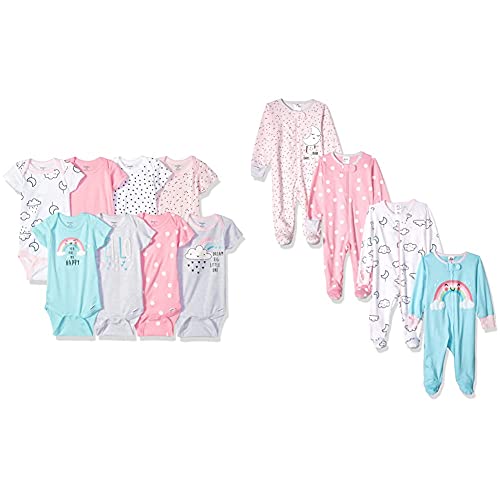 Image of Gerber Baby Girls' 8-pack Short Sleeve Onesies and 4-Pack Sleep 'N Play Clothing Bundle, Cloud, Newborn