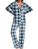 Ekouaer Womens Pajamas Set 2 Piece Button Down Pjs Soft Long Sleeve Top and Pants Sleepwear Set Lounge Sets Blue Black Plaid L