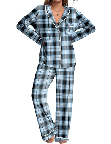 Ekouaer Womens Pajamas Set 2 Piece Button Down Pjs Soft Long Sleeve Top and Pants Sleepwear Set Lounge Sets Blue Black Plaid S