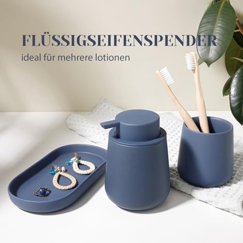 Autumnlife Badezimmer Set Blau, Keramik Badezimmer Zubehör Set 3-teiliges, Dekoratives Badzubehör Seifenspender Set, Zahnputzbecher & Badablage für Schmuck, Geeignet für Bad, Waschbecken, Hotel