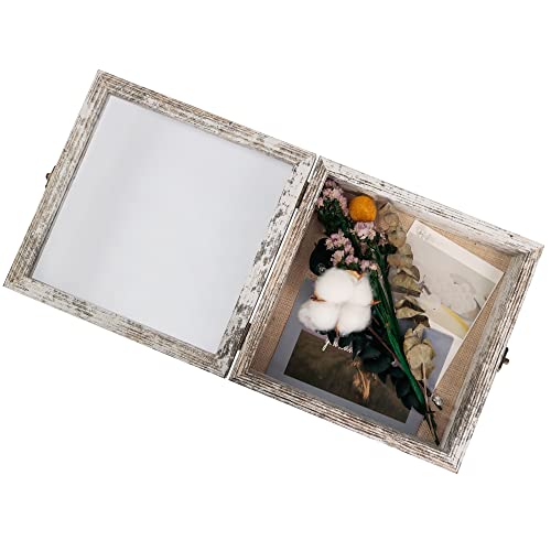 GraduatePro Shadow Box Frame 8x8 Display Case with Linen Back, Real Glass Window Door with Hinge, Picture Frame Wedding Bouquet Memorabilia Medals Photos Memory Box for Keepsakes, Rustic White