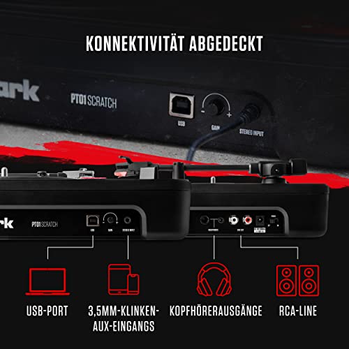 Numark PT01 Scratch Tragbarer DJ-Plattenspieler mit austauschbarem Switch, integriertem Lautsprecher, Batterie- oder Netzbetrieb, 3 Geschwindigkeiten und USB-Anschluss