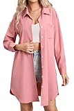 Enmain Robe chemisier pour femme à manches longues en coton avec boutons, tuniques décontractées avec poches, rose, XXL