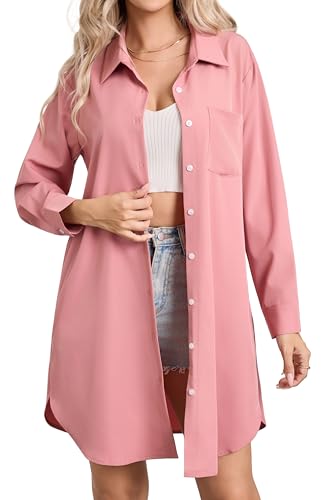 Image of Enmain Pink Shirt Dresses for Women UK Long Sleeve Button Up with Pocket L