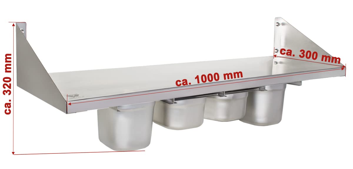 Beeketal 'BGR-100' Gastro Küchen Wandregal 100 cm aus Edelstahl mit 4 GN Behälter Schubeinsätzen, Regal Tragkraft ca. 35 kg, Küchenregal inkl. 4 x (GN) 1/6 Behälter und Wandmontagematerial