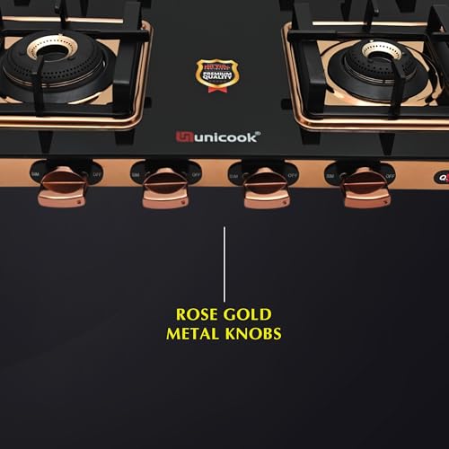 Image of Unicook Coral Cuba 4 Burner Gas Stove | Manual Ignition | 6mm Glass | Brass Burners | ISI Certified | Rose Gold Frame | 3 Years Warranty on Glass & Burners + 2 Year Comprehensive Warranty
