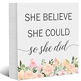 Wooden Box Sign with Motivational Saying- She Believed She Could, Wooden Plaque Decorations for Home Office Desk Shelf, New Job Gift Congratulation Gifts for Women, Promotion Gift for Coworker, 5x5 Inch
