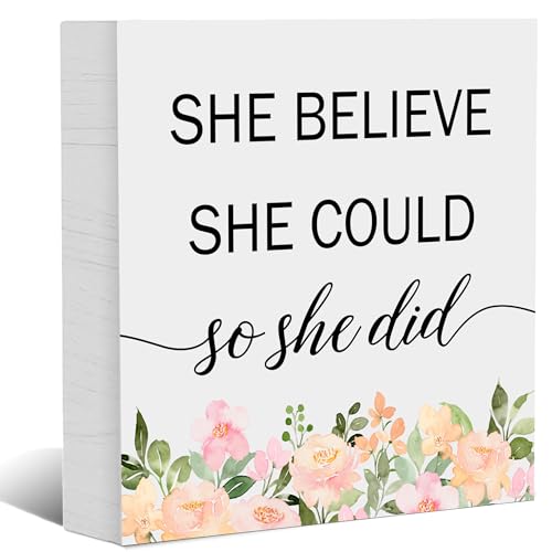 Wooden Box Sign with Motivational Saying- She Believed She Could, Wooden Plaque Decorations for Home Office Desk Shelf, New Job Gift Congratulation Gifts for Women, Promotion Gift for Coworker, 5x5 Inch