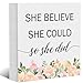 Wooden Box Sign with Motivational Saying- She Believed She Could, Wooden Plaque Decorations for Home Office Desk Shelf, New Job Gift Congratulation Gifts for Women, Promotion Gift for Coworker, 5x5 Inch