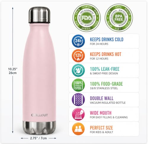 Image of CHILLOUT LIFE 17oz Insulated Stainless Steel Water Bottle, Leak Proof