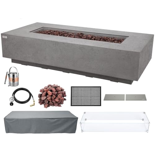 Image of AMS Creations | Savanah 72 inch Bundle Rectangular Cast Concrete Natural Gas Fire Pit Table | Light Gray | Travertine Texture Surface | Electronic Ignition |Outdoor Patio Heater Outside Backyard Fireplace