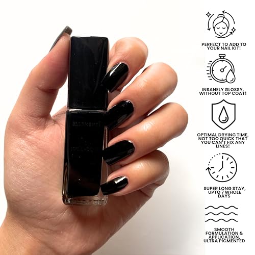 Image of Ellement Co Wild Thoughts Nail Paint 10 ML | Deep Black Nail Colour with High Gloss Finish | Long Lasting & Chip Resistant Formula | Smooth Professional Application | Vegan, Non-Toxic & Paraben Free Nail Polish for Bold, Goth, Party, Night Looks & Statement Glam