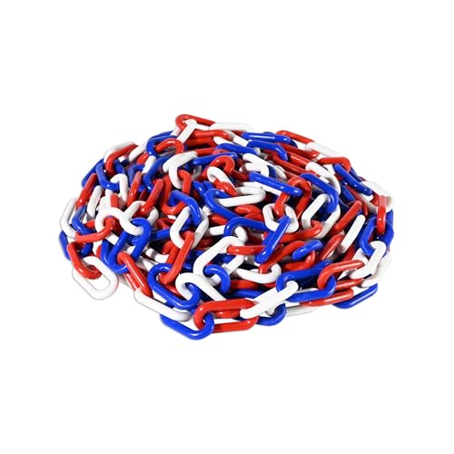 FlexiLink Plastic Chain. Eye-Catching Colors. 2” Link Dia, 25 Ft Length for Safety barriers, Crowd Management, Event Safety, Decoration, Queue Lines. UV Resistant, Waterproof, Red White Blue, 25 Feet