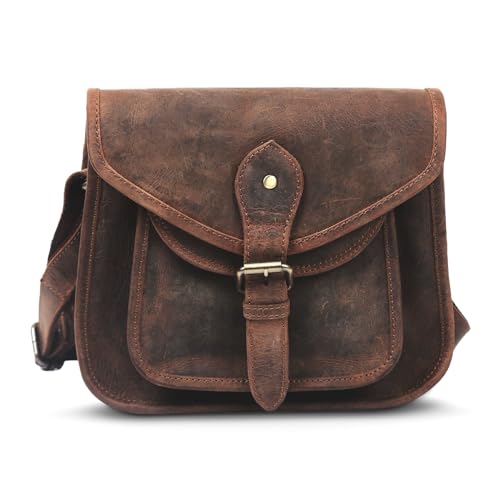 Firu-Handmade Women Vintage Style Genuine Brown Leather Crossbody Shoulder Bag Crossover Satchel ladies Purse Tote Handbags Travel (Buffalo Leather)