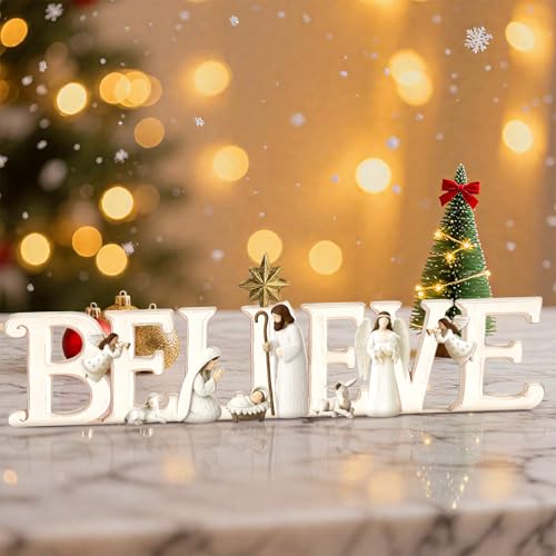 Yalikop White Jesus Nativity Believe Sign, 1 Pcs Resin Table Decor