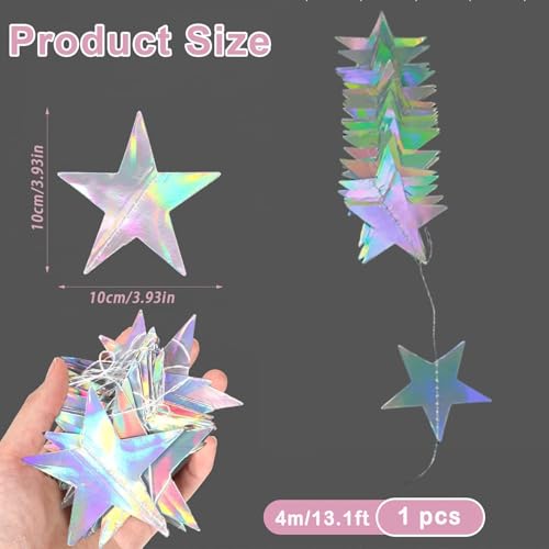 Image of 4-Pack Star Garland, Iridescent Star Garland Banner, 52 Feet Twinkle Twinkle Little Star Decorations for Christmas,4 inchx13ft Each,Holiday Party Hanging Decor,Birthday Decorations,Graduation Decorations