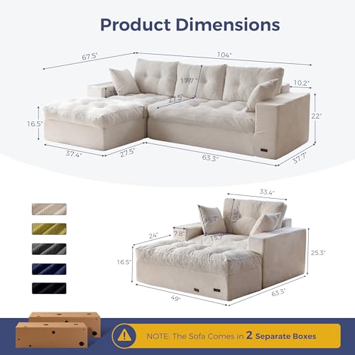 Image of MAXYOYO Sectional Sofa Couch and Chaise Lounge, L Shaped Modern Cloud Couch with Ottoman, Comfy Sofa with Layered Cushion, Tufted Upholstered Sleeper Chair for Living Room, No Assembly Required, Beige