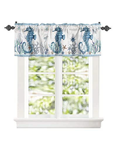 Window Valance Curtain Seahorse Summer Ocean Seaweed Valances For Kitchen Windows,Blue Starfish Shell Stripes Underwater World Rod Pocket Short Curtains For Bedroom,Bathroom,Living Room 42X18Inch #TOP1