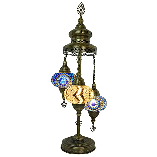 Mozaist 3In1 Turkish Tiffany Style Floor Lamp, Handmade Vintage Standing Corner Light For Living Room, Bedside, Moroccan Farmhouse Decorative Lamp Shade With Us Plug & E12 Socket (Blue Pearl) #TOP1